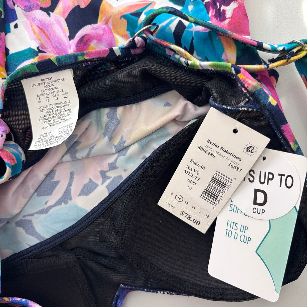 Swim Solutions Women's 10 Multicolor Floral Ruffle Triple-Tiered Tankini NWT