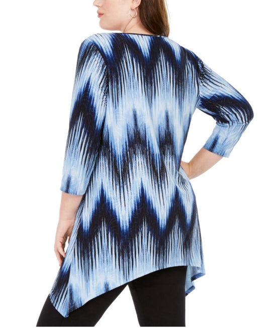 NY Collection Plus Size 3X Blue, White & Black Printed Handkerchief-Hem Top NWT