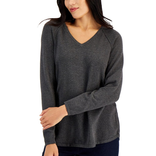 Karen Scott Women's Large 100% Cotton Grey V-Neck Curved-Hem Sweater NWT
