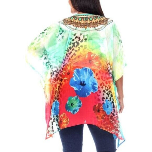 WHITE MARK Plus Size Short Bright and Colorful Caftan with Tie-Up Neckline NWT