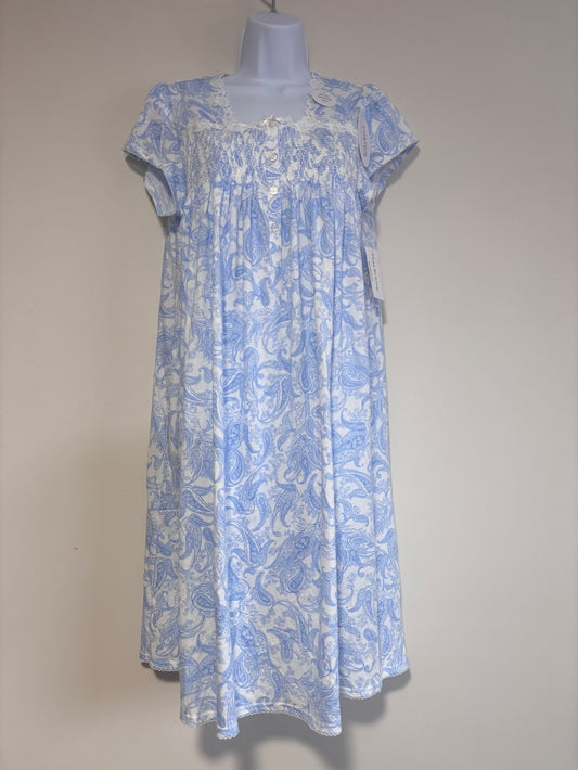 Miss Elaine Size Small Blue & White Paisley Nightgown, Silkyknit Sleep-Dress NWT