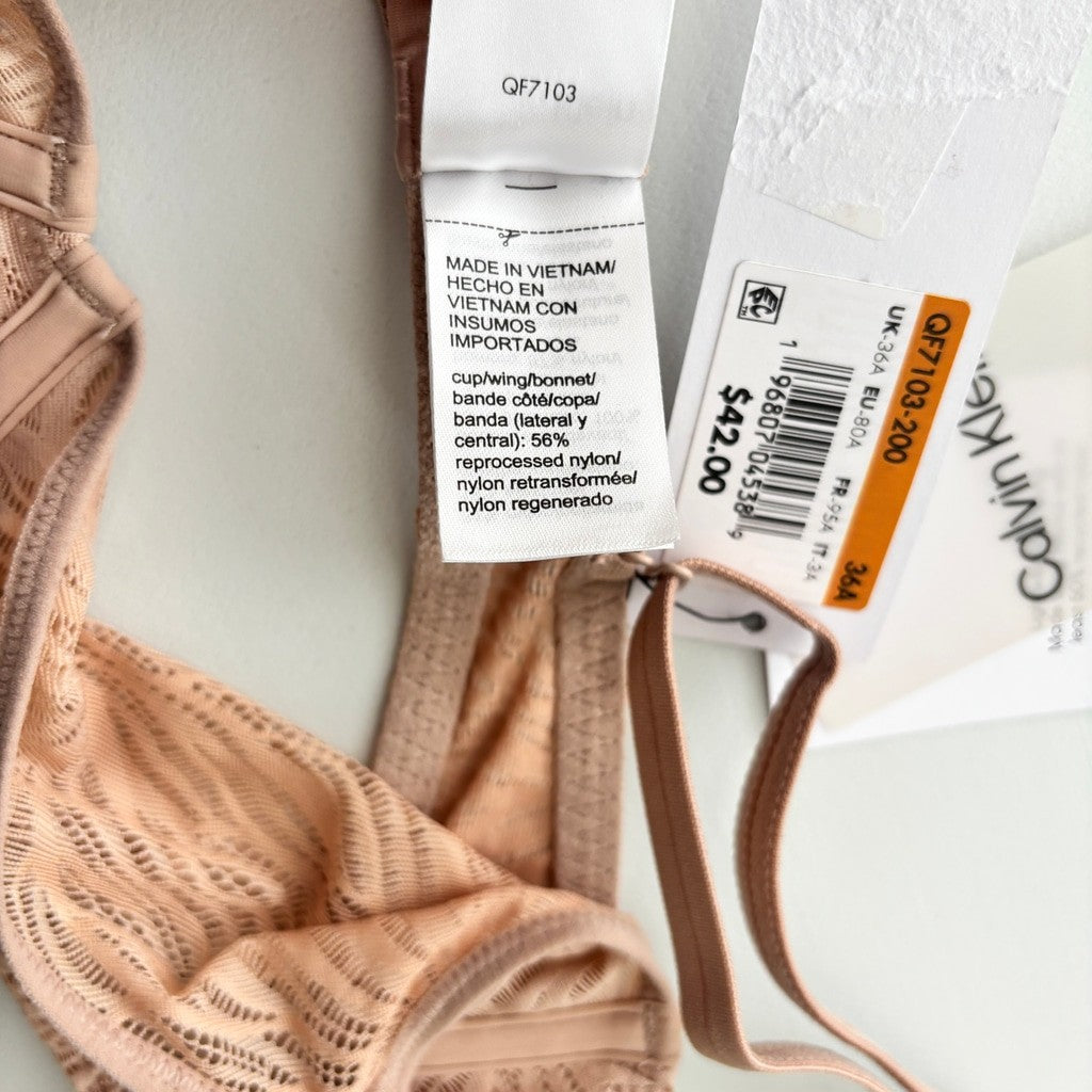 Calvin Klein Women's 36A Nude Sheer Marquisette Lace Unlined Demi Bra NWT