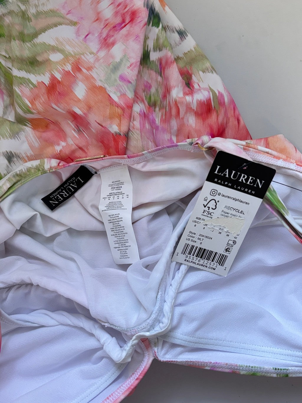 Ralph Lauren Size 6 Pink Floral Ruched Tankini Top w/ Built-In Bra NWT