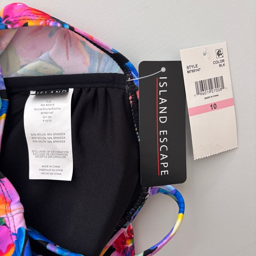 Island Escape Women's 10 Multicolor Tahiti Floral-Print Ruffled Tankini Top NWT