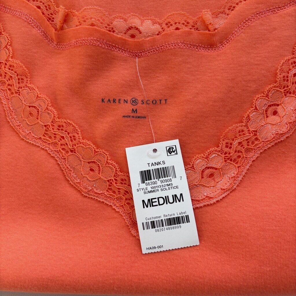 Karen Scott Women's Medium 100% Cotton Orange Scalloped-Lace Tank Top NWT