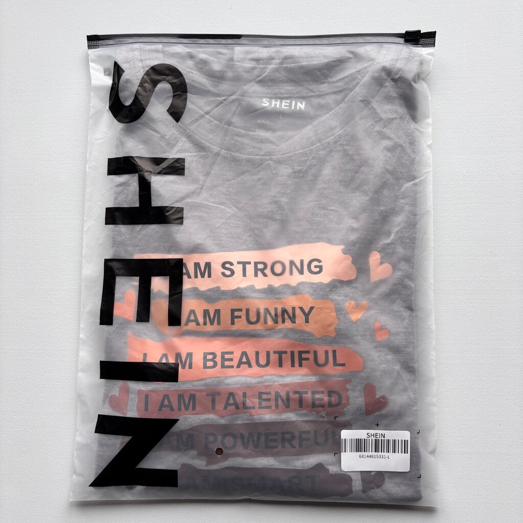 SHEIN Women's Size Large Gray Graphic Tee "I AM.." Empowering Slogan T-Shirt NIB
