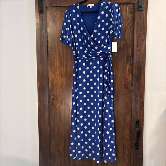 Jamie & Layla Petite Large Blue and White Polka Dot Faux-Wrap Maxi Dress NWT