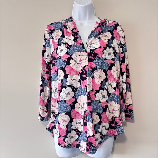 Charter Club Women's XS Pink & Blue Floral Pleated-Neck 3/4-Sleeve Top NWT