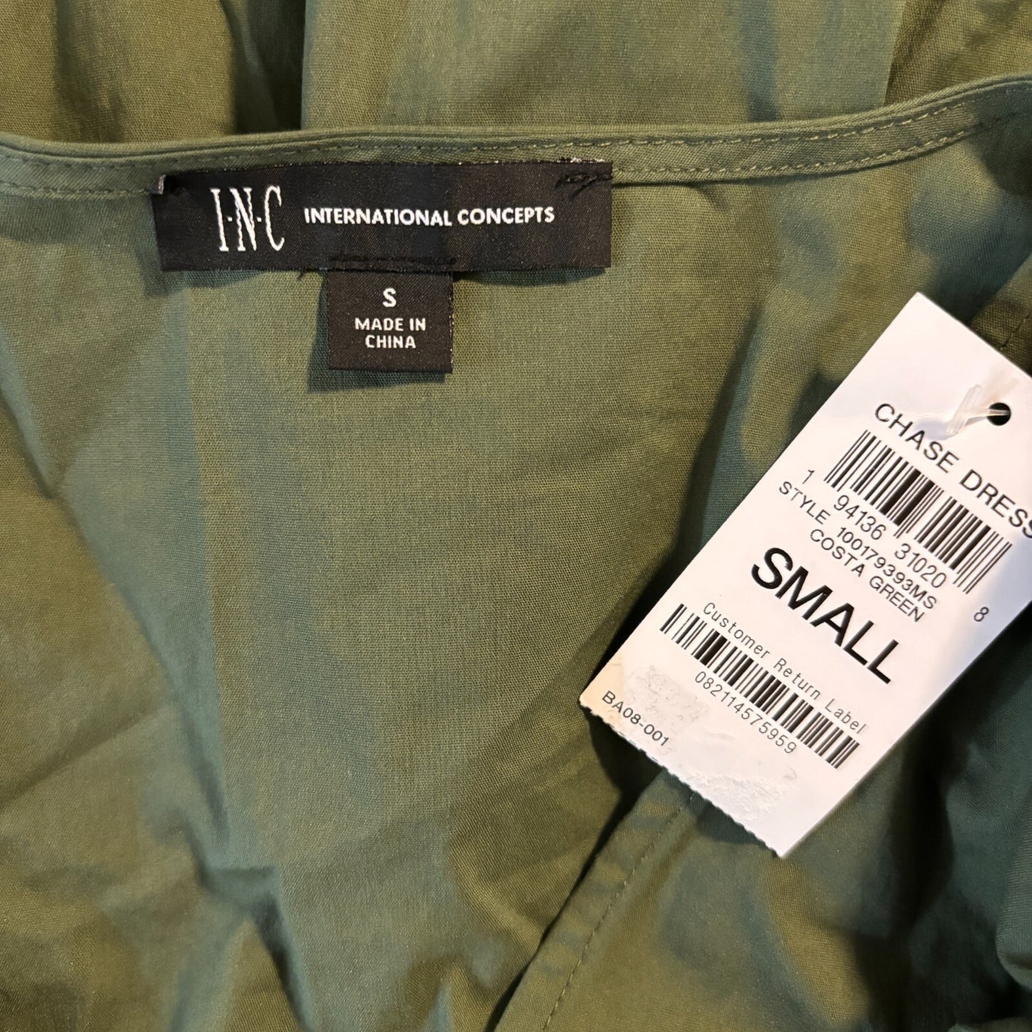 I.N.C. International Concepts Women's Green V-Neck Puff Sleeve Mini Dress NWT