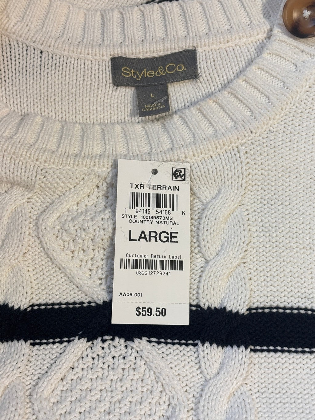 Style & Co. Size Large Striped Beige Cable Knit Button Shoulder Sweater NWT