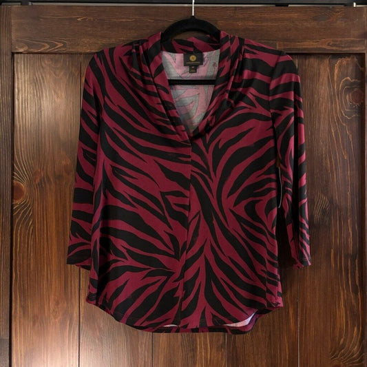 JM Collection Petite Small Red and Black Zarina Zebra-Print V-Neck Top NWT.