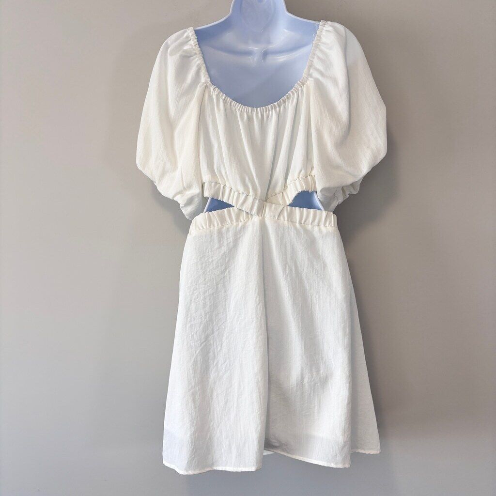And Now This Women's Small White Puff-Sleeve Cutout Knee-Length Dress NWT