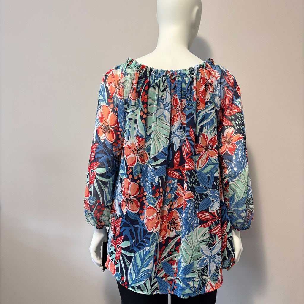 Jones New York Women's Size Extra Large Floral Printed Smocked-Neck Blouse NWT