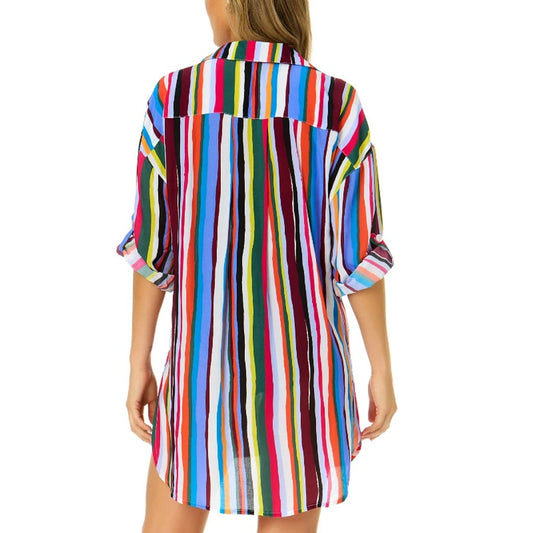 Anne Cole Women's Size Medium Multicolor Striped Oversized Cover-Up Shirt NWT
