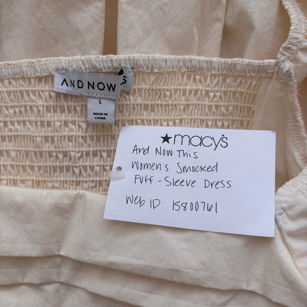 And Now This Women's Large Ivory Smocked Puff-Sleeve Mini Dress NWT