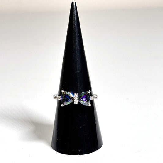 Green & Purple Iridescent Bow Cut Cubic Zirconia Ring in Silver Tone Size 7 NWT