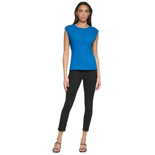 CALVIN KLEIN Cap Sleeve Pleated V-Bodice Textured Blue Blouse NWT