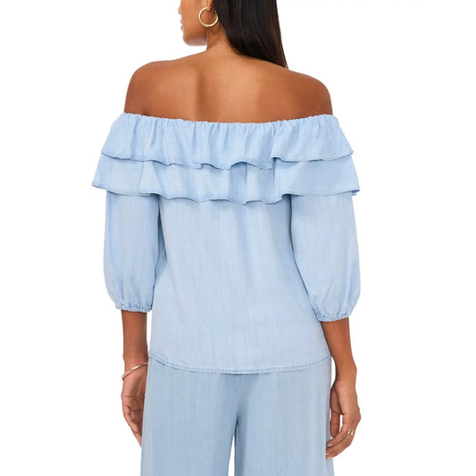 Sam & Jess Size Large Petite Off-The-Shoulder 3/4-Sleeves Double-Ruffle Top NWT