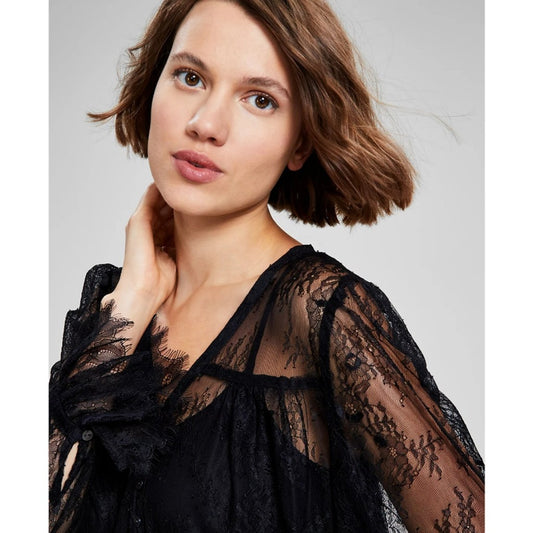 And Now This Women's Medium Black Lace V-Neck Button-Front Cropped Top NWT