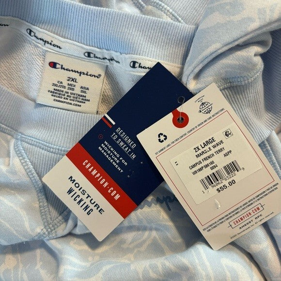 CHAMPION Women's XXL Campus-Print French Terry Crewneck Blue and White Sweater NWT