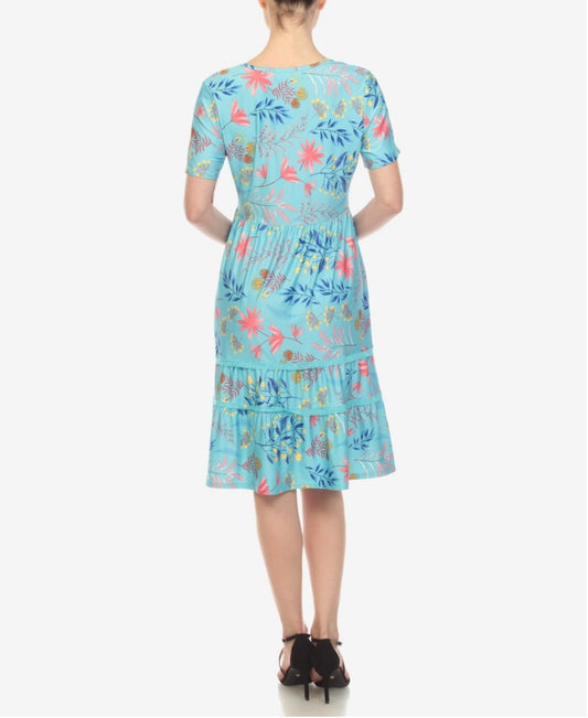 White Mark Women's Extra Large Blue Floral Short Sleeve Knee Length Dress NWT