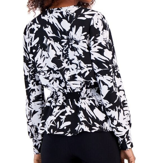 Alfani Petite XL White & Black Printed Smocked Blouson Long-Sleeve Top NWT