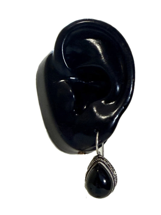 Black Onyx Gemstone 925 Plated Drop Antique Design Earrings 1.5 Inch Long NWT