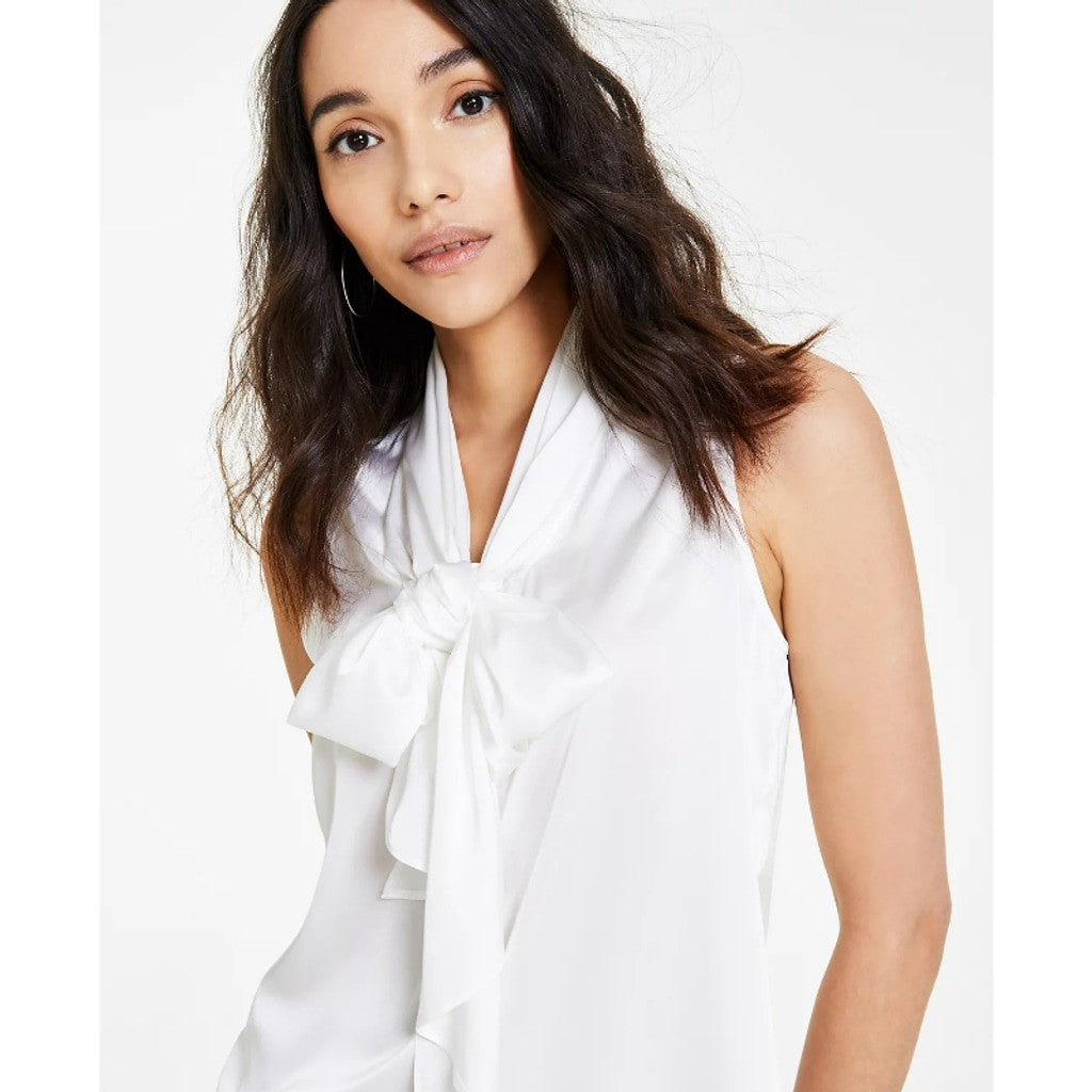Bar III Women's Size XXS White Tie-Neck Sleeveless Satin Blouse NWT