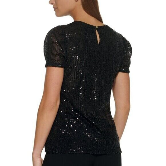 DKNY Women's Size Medium Black Sequined Short-Sleeve Crewneck Blouse NWT