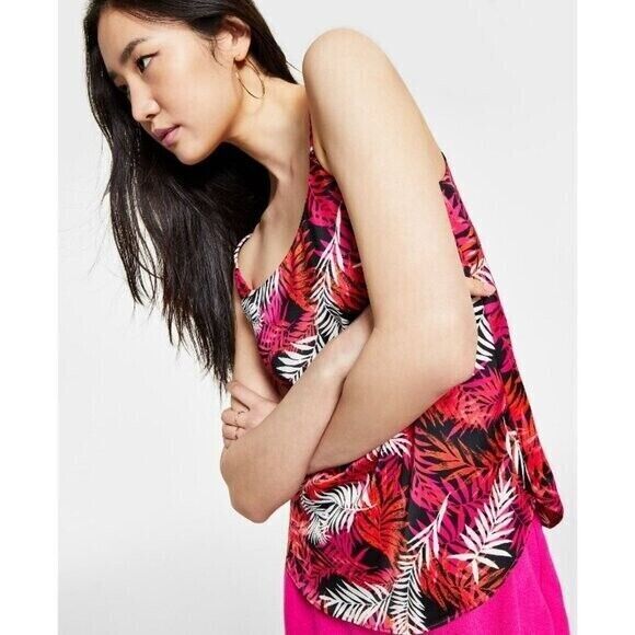 Bar III Women's Black and Pink Leaf-Print Scoop-Neck Satin Cami Top NWT