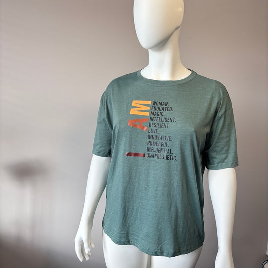 Shein Women's Blue "I AM..." Affirmations Graphic T-Shirt Size Large NIB