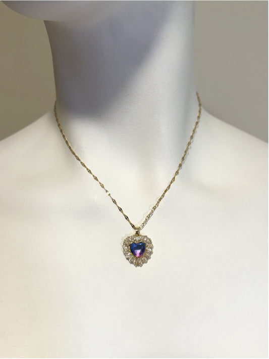Gold & Purple Heart Pendant Necklace w/ Crystal Cubic Zirconia Stones NWT