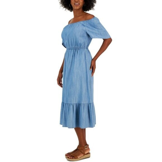 Style & Co. Women's On/Off-The-Shoulder Blue Chambray Maxi Dress NWT