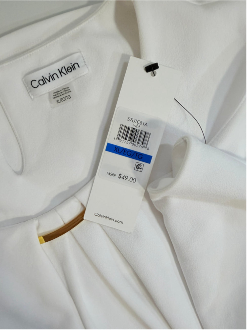 Calvin Klein Women's XL White Sleeveless Pleated Blouse w/ Gold Detail NWT