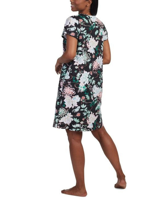 Miss Elaine Women's Black Floral Short-Sleeve Floral Snap Robe NWT