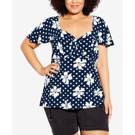 AVENUE Plus Size Kata Print Top - Blue with White - NWT