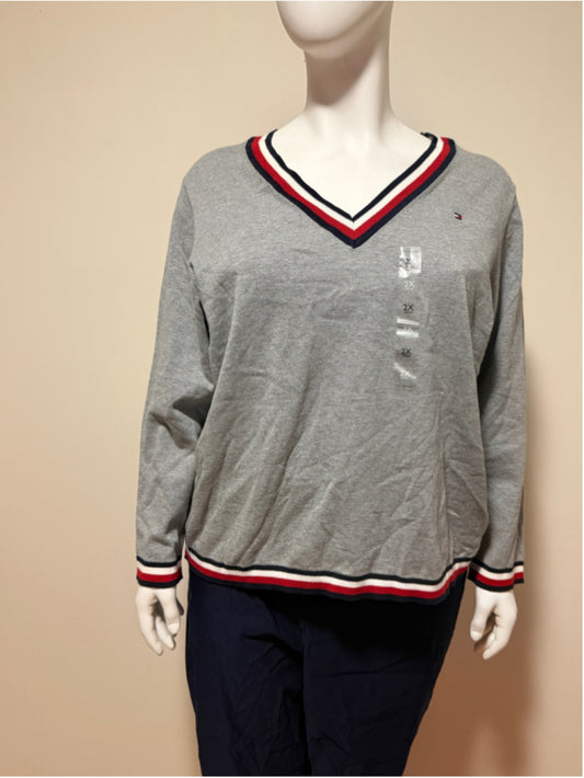 Tommy Hilfiger Plus Size 2X 100% Cotton Grey Contrast-Trim V-Neck Sweater NWT
