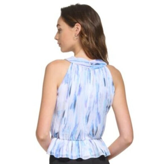 DKNY Women's Medium Blue Chiffon Printed Crisscross Metallic-Detail Top NWT