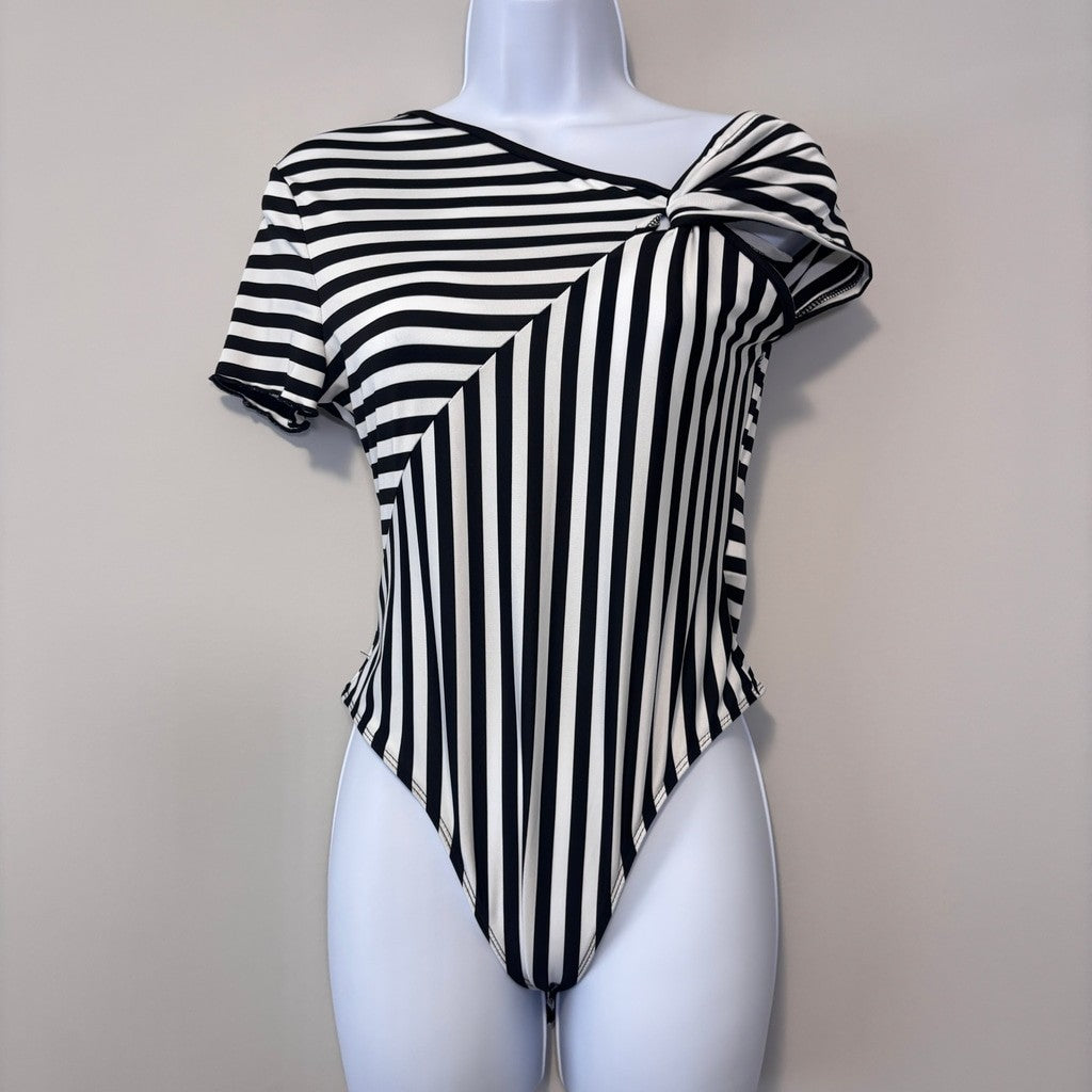 SHEIN Women's Medium Black White Striped Asymmetrical Short Sleeve Bodysuit NWT