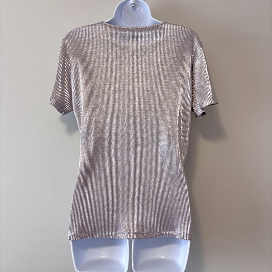 Nine West Women's Size Medium Shiny Silver Crinkle Short Sleeved Shirt NWT