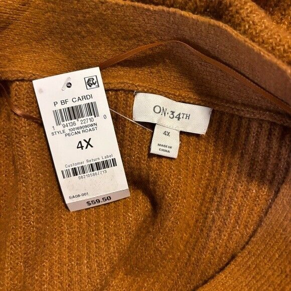 On 34th Plus Size Long Patch Chunky Knit Pocket Pecan Brown Cardigan NWT