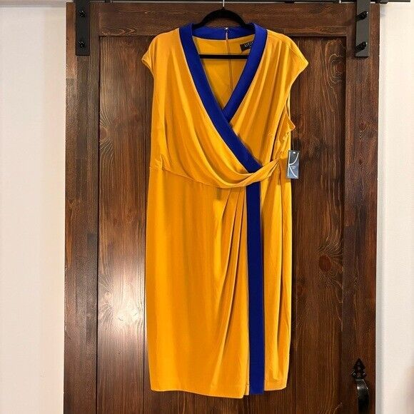KASPER Plus Size Colorblocked Gold and Blue Faux-Wrap Cap-Sleeve Dress NWT