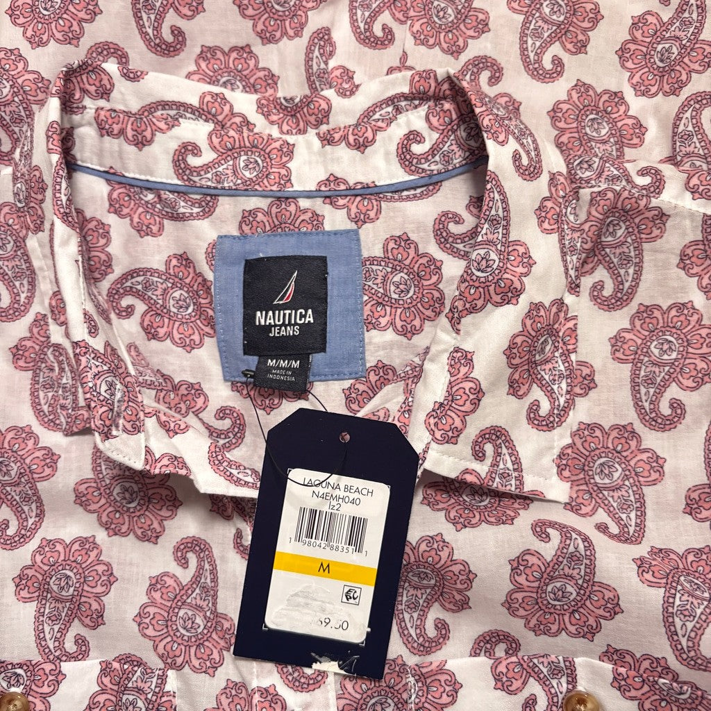 Nautica Jeans Size M Sleeveless Button Down Paisley Shirt White & Pink NWT