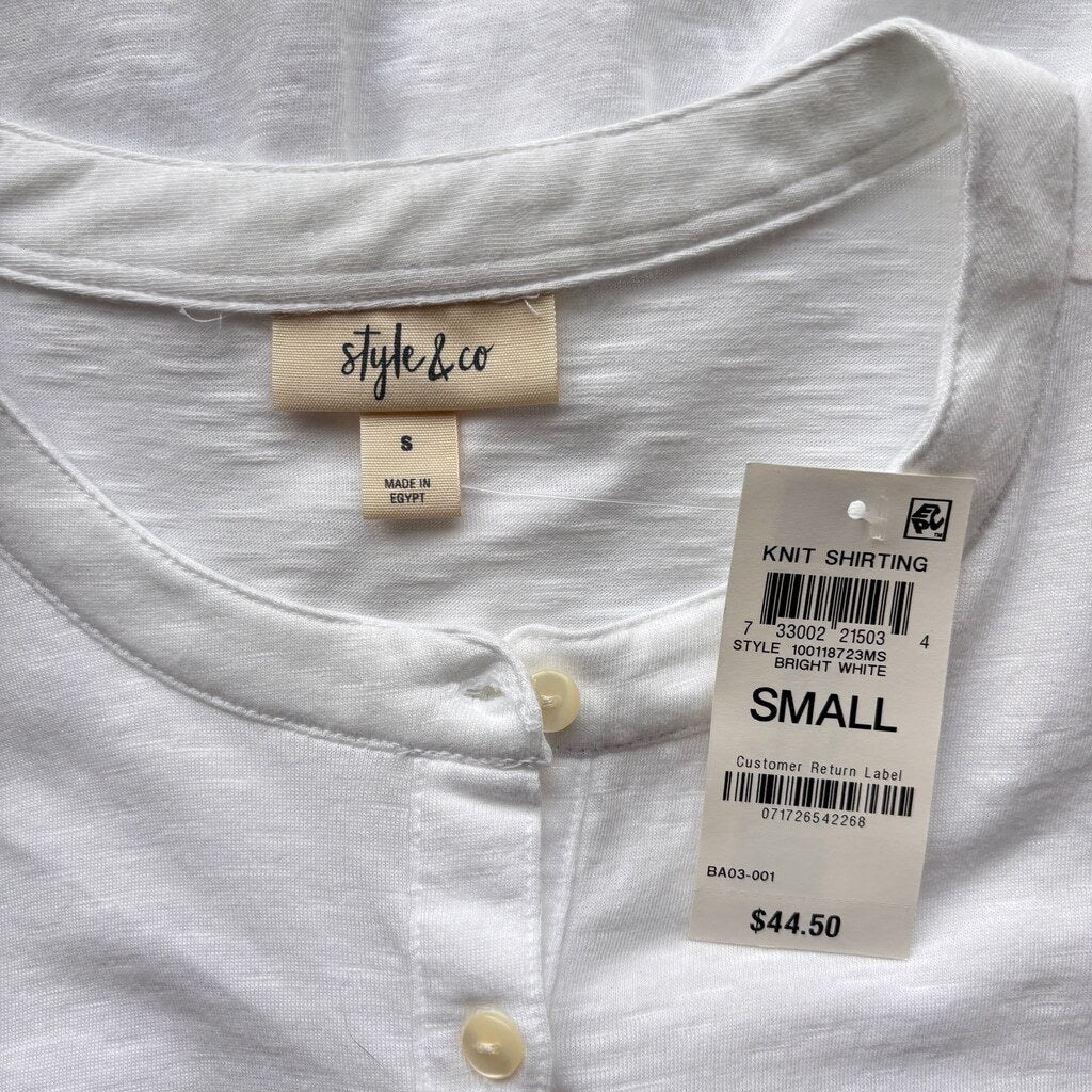 Style & Co Women's Small 100% Cotton White Cuffed-Sleeve Henley Top NWT