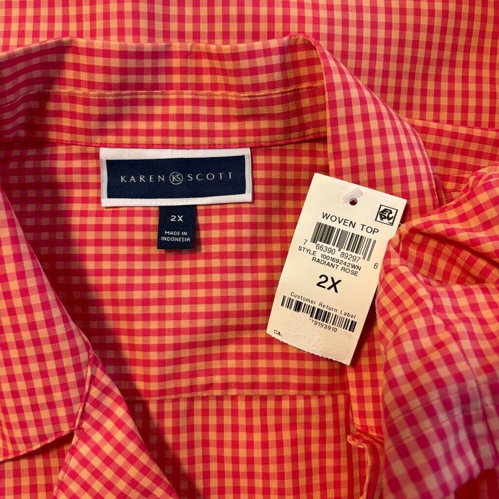 Karen Scott Women's Plus Size Red & Peach Gingham Button-Down Shirt NWT