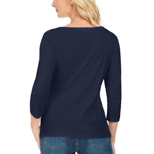 Karen Scott Petite Navy Blue 3/4 Sleeve 100% Cotton Scoop-Neck Top NWT