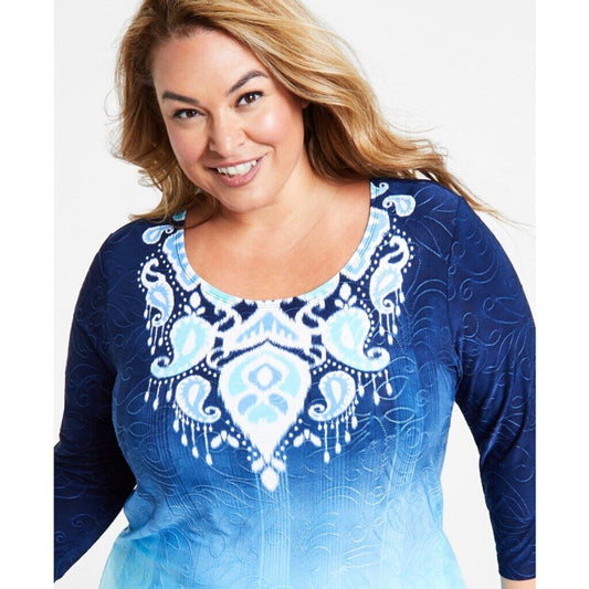 JM Collection Women's Plus Size 0X Gradient Blue Ikat Jacquard Top NWT