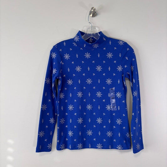 Karen Scott Women's Petite Blue Mock-Neck Top with Sparkly Snowflakes NWT