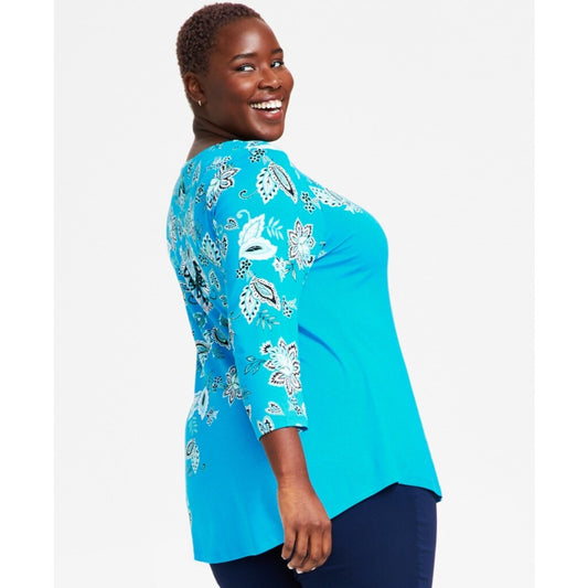 JM Collection Plus Size 0X Blue Paisley Printed Top NWT