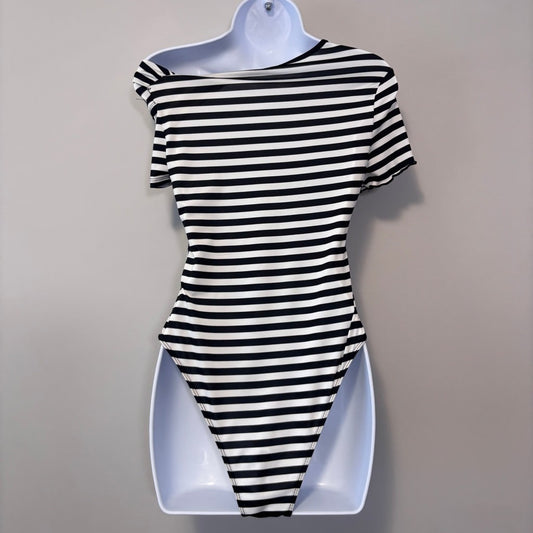 SHEIN Women's Medium Black White Striped Asymmetrical Short Sleeve Bodysuit NWT